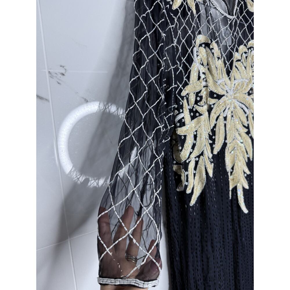 Beaded Silk Laurence Kazar Evening Gown Large VTG Dress Black White Regal Art - Picture 2 of 16